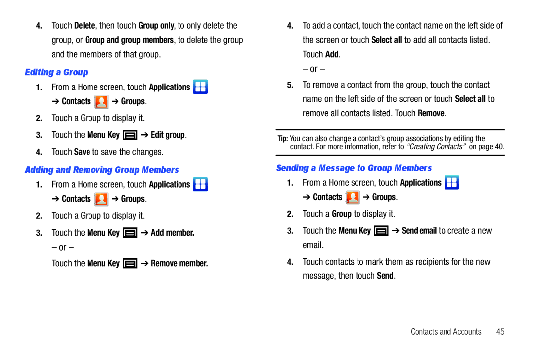 Samsung YP-G70CWY user manual Editing a Group, Adding and Removing Group Members, Sending a Message to Group Members 