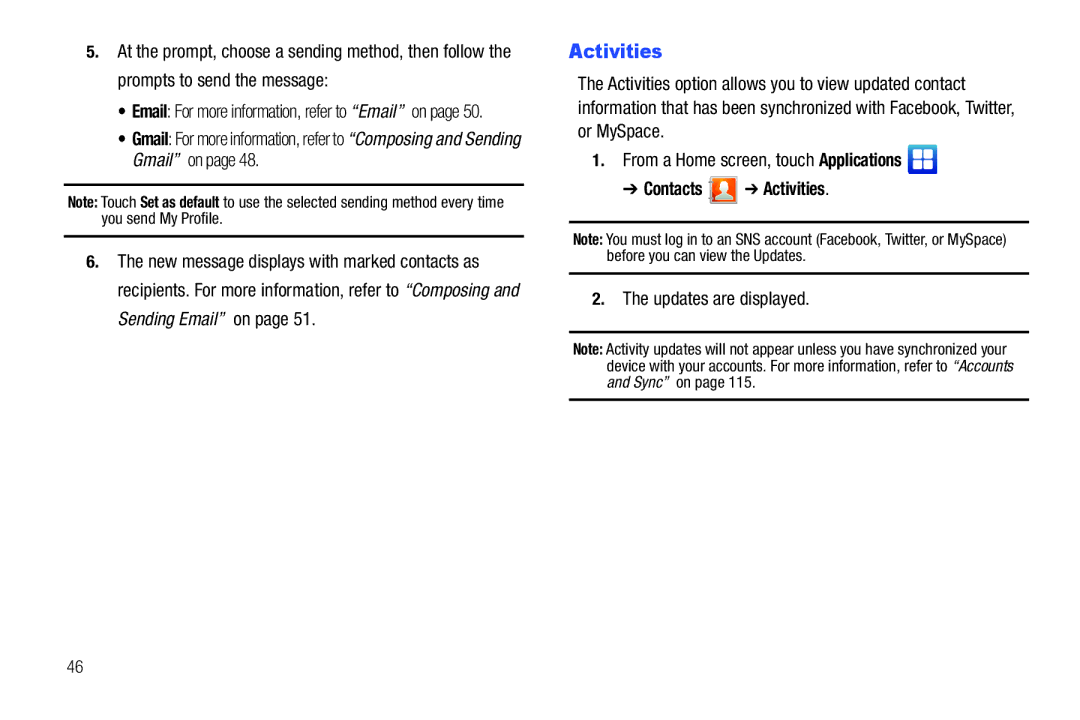 Samsung YP-G70CWY user manual Contacts Activities, Updates are displayed 