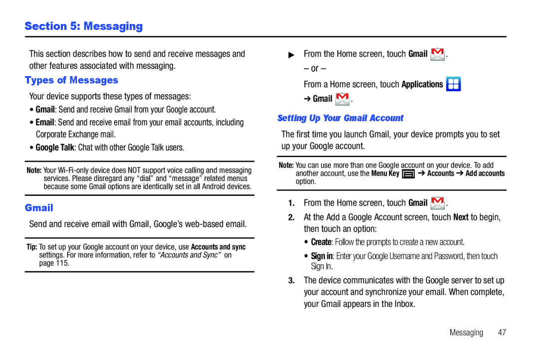 Samsung YP-G70CWY user manual Messaging, Types of Messages, Setting Up Your Gmail Account 