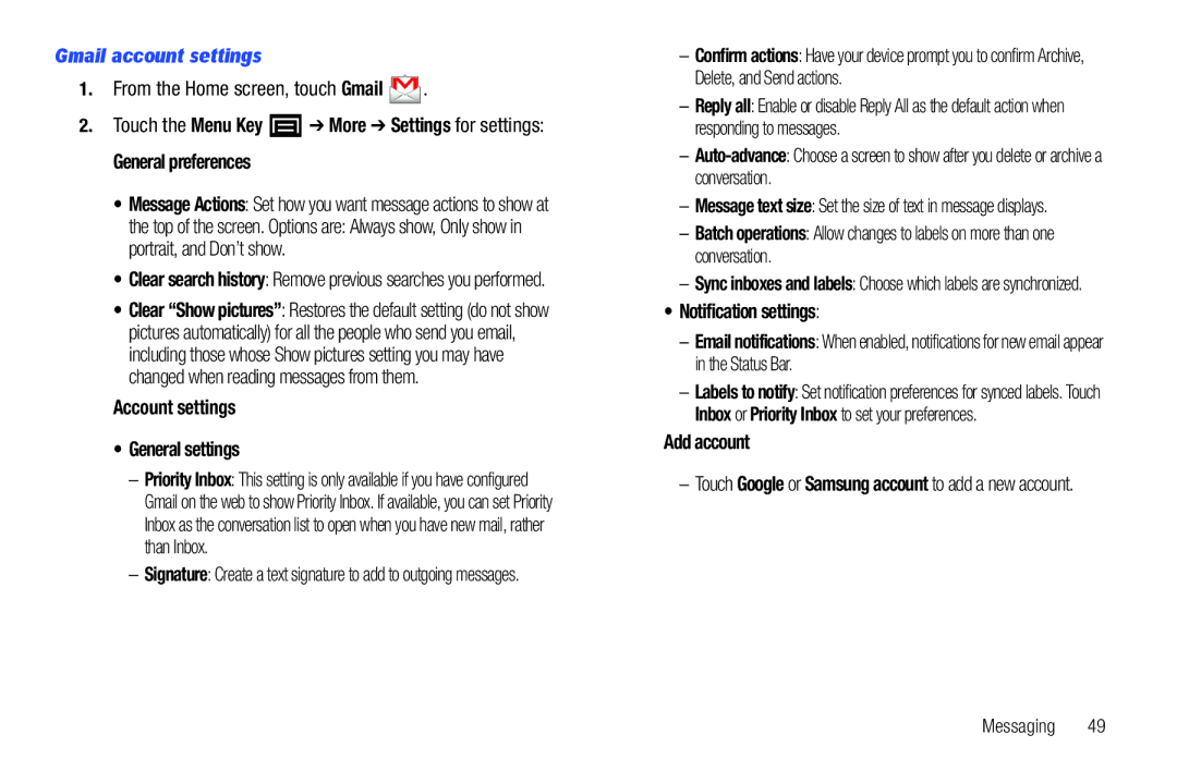 Samsung YP-G70CWY Gmail account settings, General preferences, Account settings General settings, Notification settings 