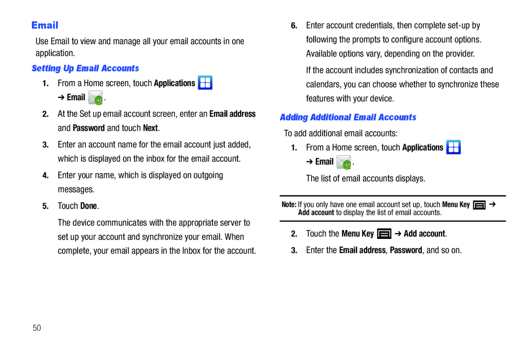 Samsung YP-G70CWY user manual Setting Up Email Accounts, Adding Additional Email Accounts, Touch the Menu Key Add account 