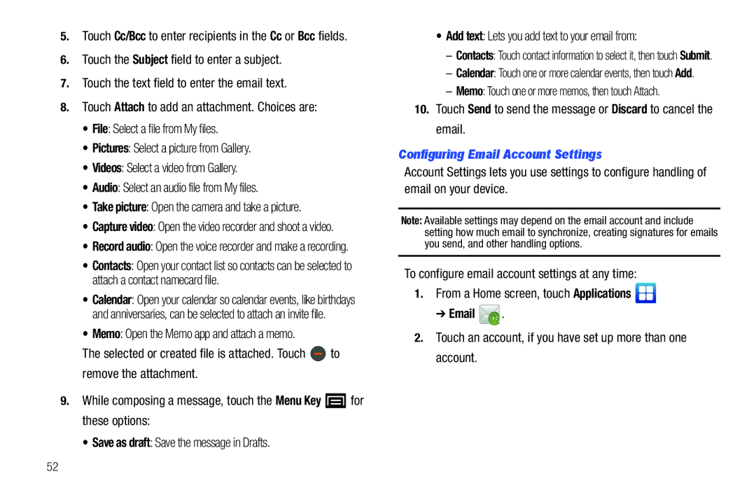 Samsung YP-G70CWY user manual Configuring Email Account Settings, Touch Cc/Bcc to enter recipients in the Cc or Bcc fields 