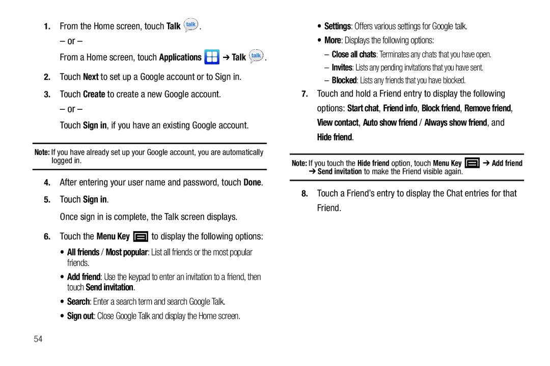 Samsung YP-G70CWY user manual Touch Create to create a new Google account 