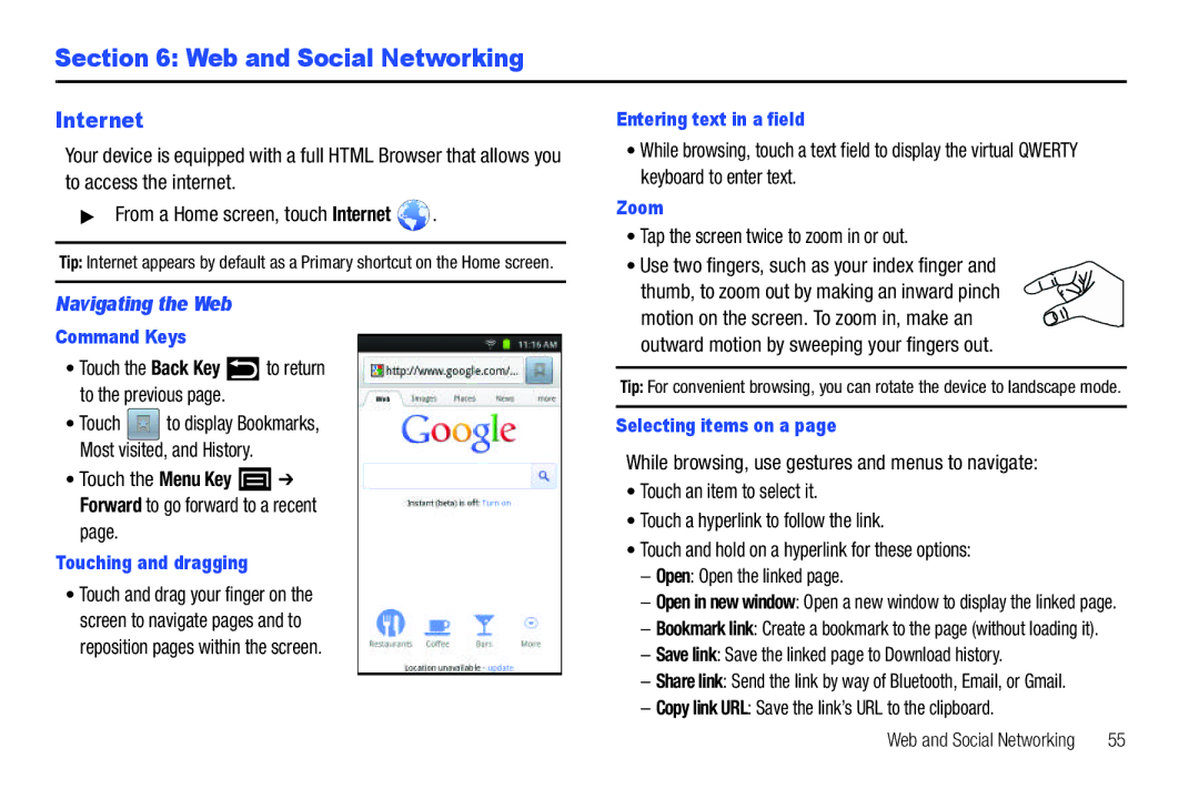 Samsung YP-G70CWY user manual Web and Social Networking, Internet, Navigating the Web 