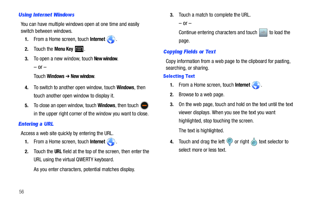 Samsung YP-G70CWY user manual Using Internet Windows, Touch Windows New window, Entering a URL, Copying Fields or Text 