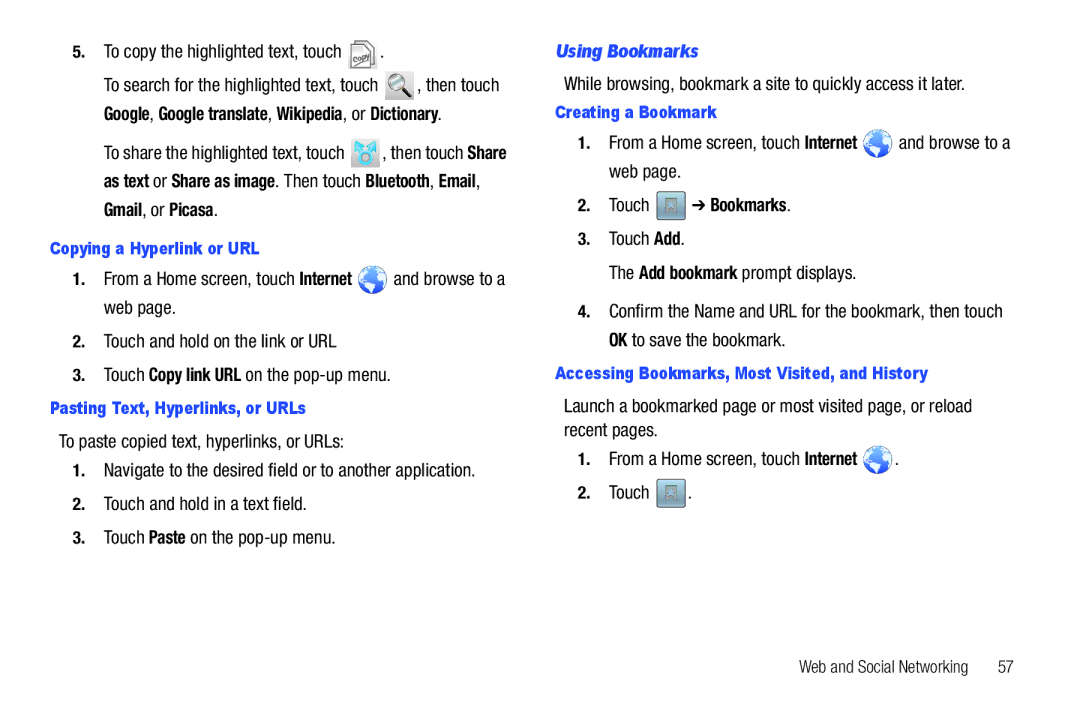 Samsung YP-G70CWY user manual Using Bookmarks, Touch Bookmarks 