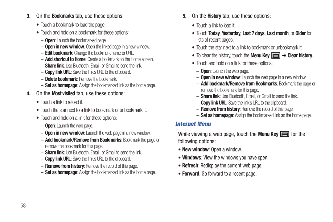 Samsung YP-G70CWY Delete bookmark Remove the bookmark, Internet Menu, Copy link URL Save the link’s URL to the clipboard 