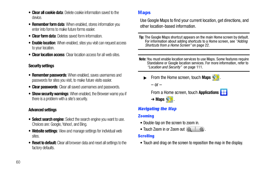 Samsung YP-G70CWY user manual Maps, Security settings, Advanced settings, Navigating the Map 