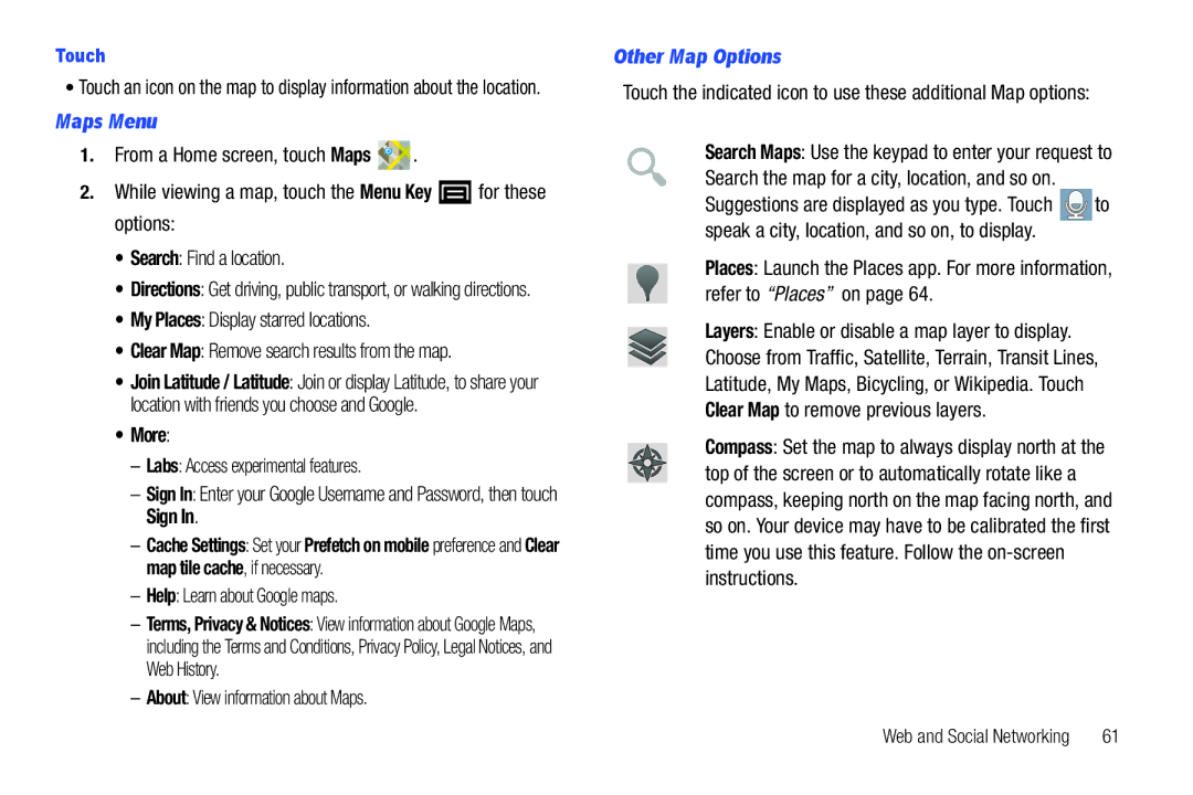 Samsung YP-G70CWY user manual Maps Menu, Help Learn about Google maps, About View information about Maps, Other Map Options 