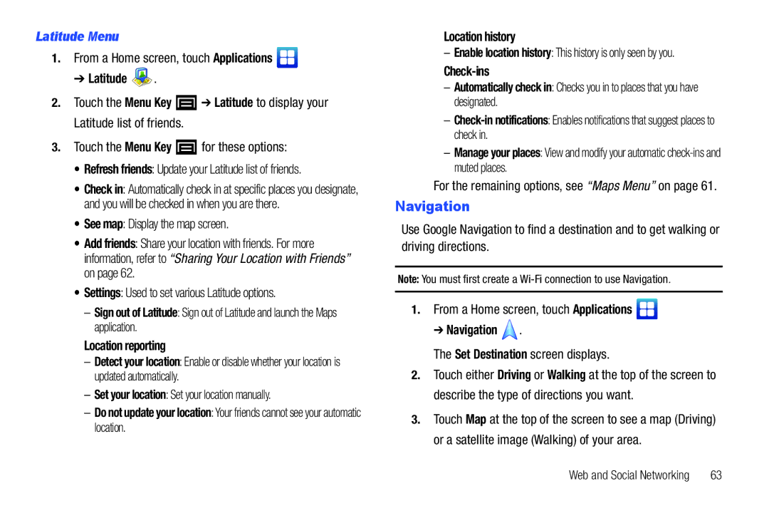 Samsung YP-G70CWY user manual Navigation, Latitude Menu, Location reporting 