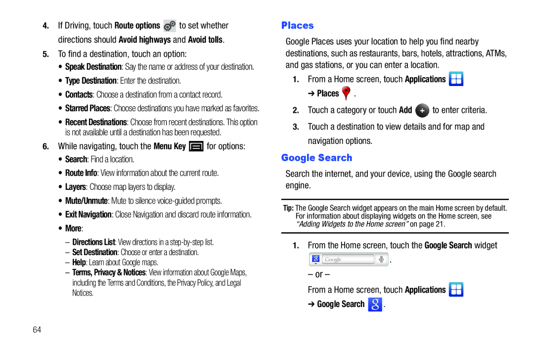 Samsung YP-G70CWY user manual Places, Google Search 