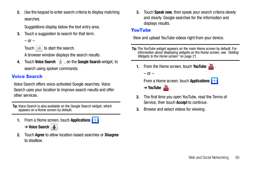 Samsung YP-G70CWY user manual Voice Search, YouTube 