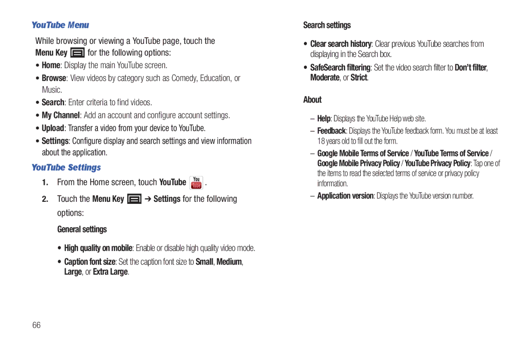 Samsung YP-G70CWY user manual YouTube Menu, YouTube Settings, From the Home screen, touch YouTube, About 