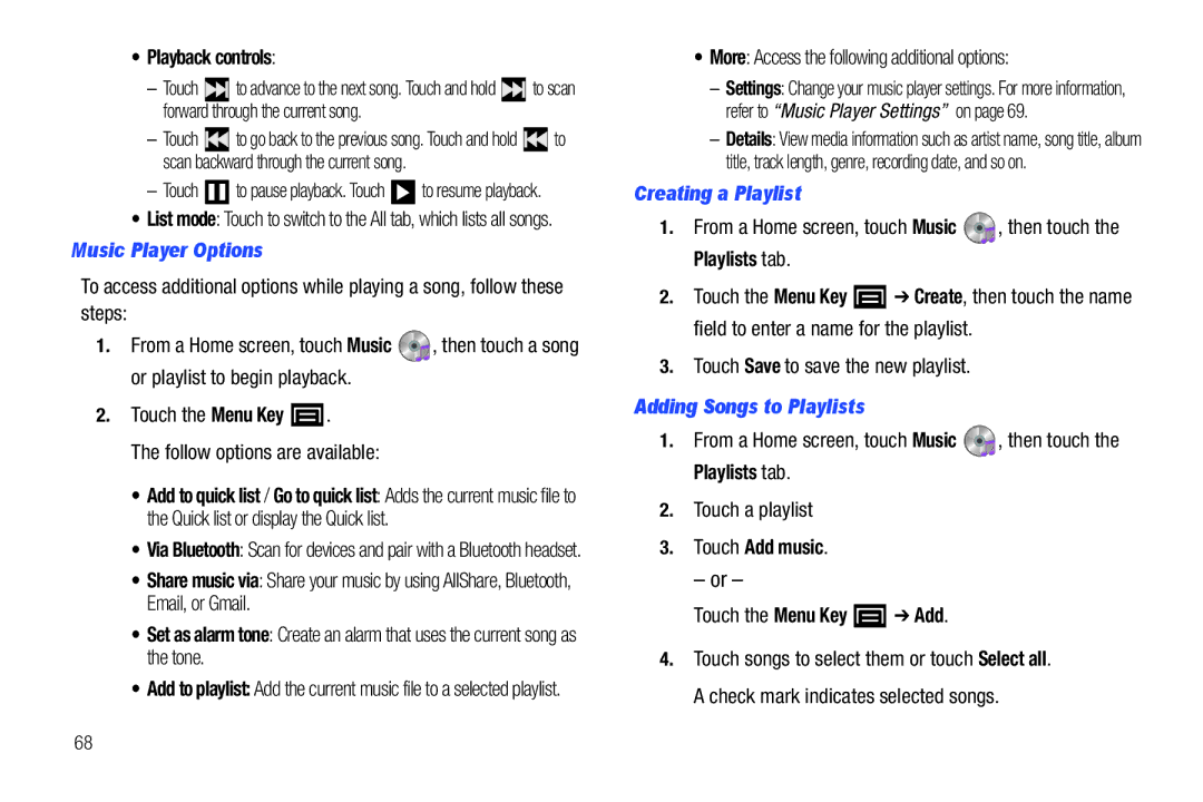 Samsung YP-G70CWY user manual Playback controls, Music Player Options, Creating a Playlist, Adding Songs to Playlists 