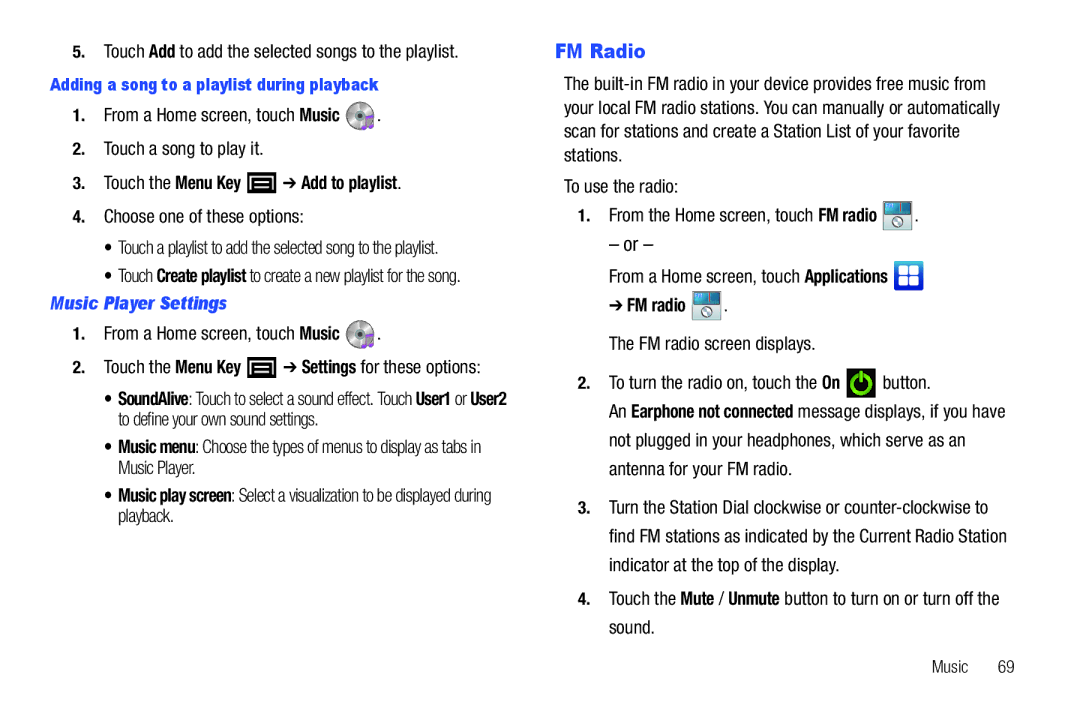 Samsung YP-G70CWY user manual FM Radio, Touch the Menu Key Add to playlist, Music Player Settings, FM radio FM 
