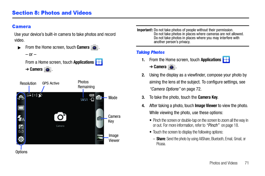 Samsung YP-G70CWY user manual Photos and Videos, Camera, Taking Photos 