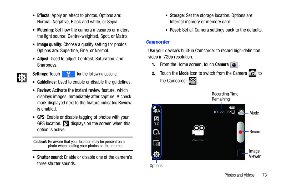 Samsung YP-G70CWY user manual Camcorder, Reset Set all Camera settings back to the defaults 