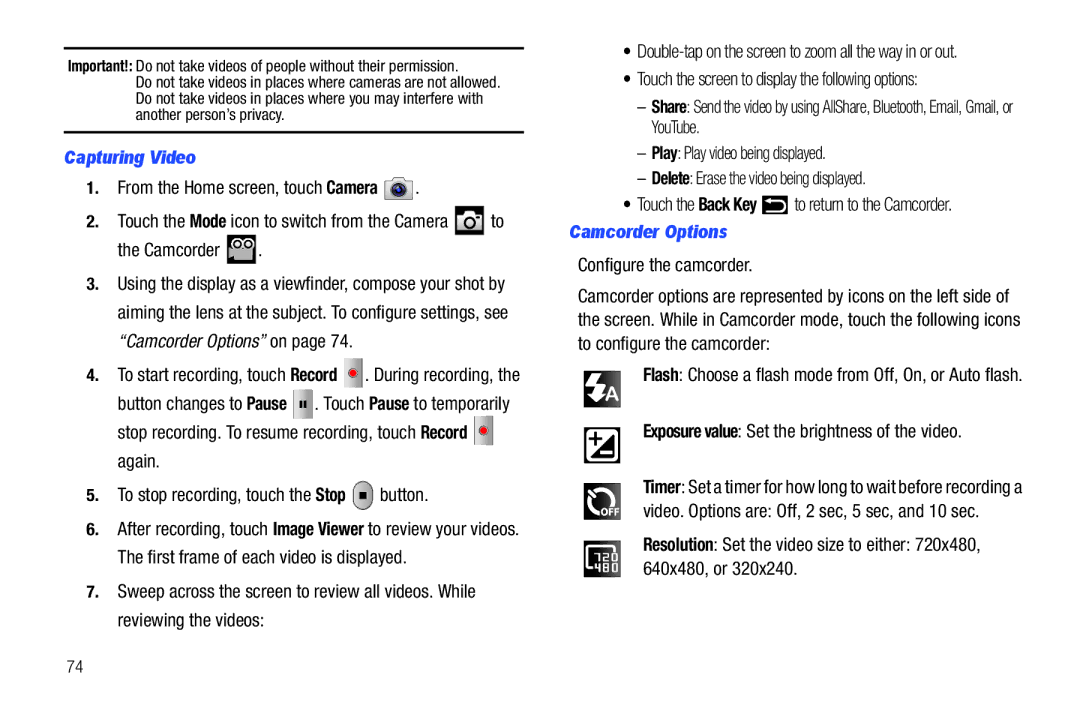 Samsung YP-G70CWY user manual Capturing Video, Touch the screen to display the following options, Camcorder Options 