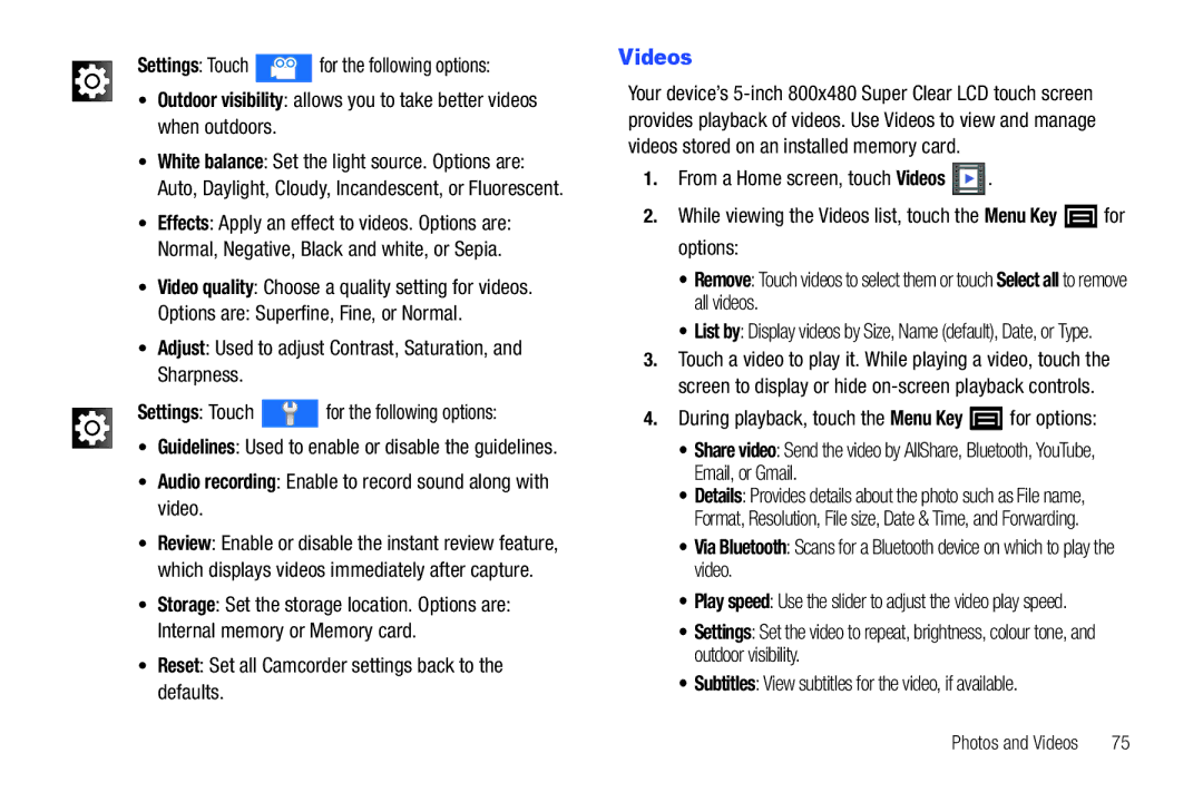 Samsung YP-G70CWY user manual Videos, Audio recording Enable to record sound along with video 