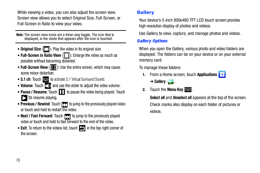 Samsung YP-G70CWY user manual Original Size Play the video in its original size, To resume playing, Gallery Options 