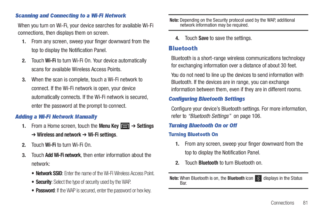 Samsung YP-G70CWY user manual Bluetooth, Scanning and Connecting to a Wi-Fi Network, Adding a Wi-Fi Network Manually 