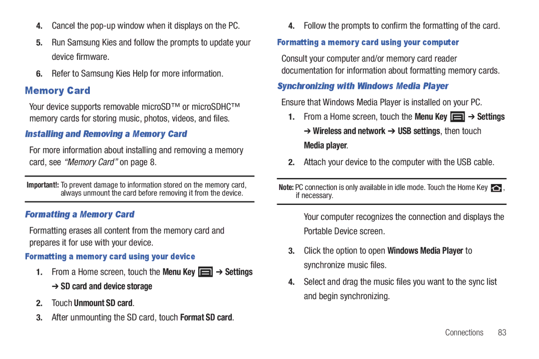 Samsung YP-G70CWY Installing and Removing a Memory Card, Formatting a Memory Card, Synchronizing with Windows Media Player 