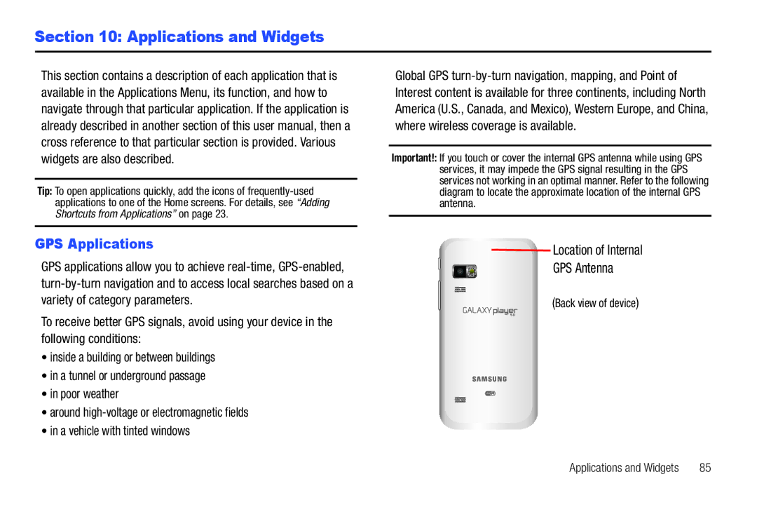 Samsung YP-G70CWY user manual Applications and Widgets, GPS Applications, Back view of device 