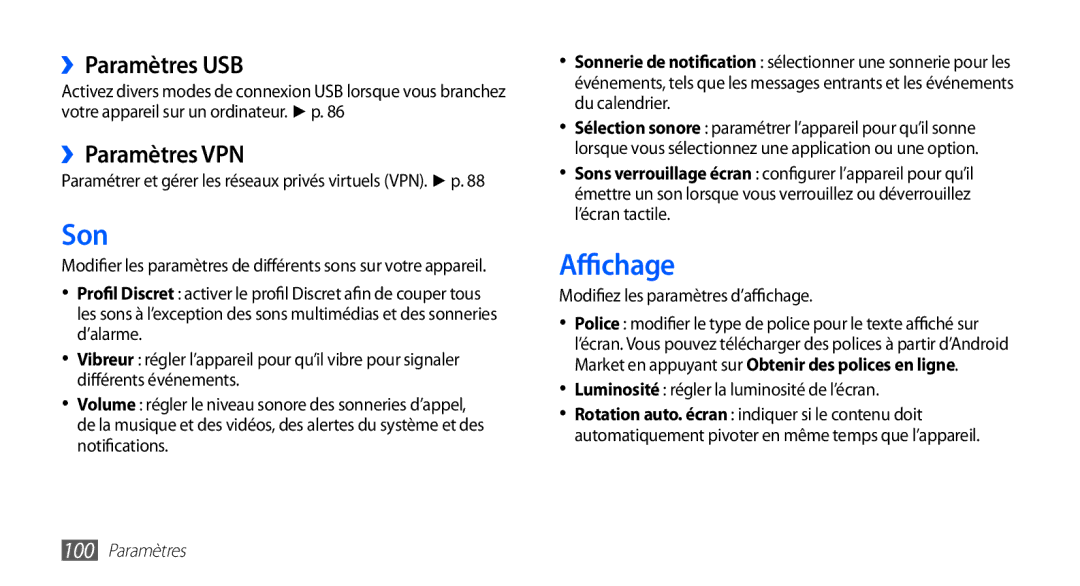 Samsung YP-G70EW/XEF, YP-G70CW/XEF manual Son, Affichage, ››Paramètres USB, ››Paramètres VPN 