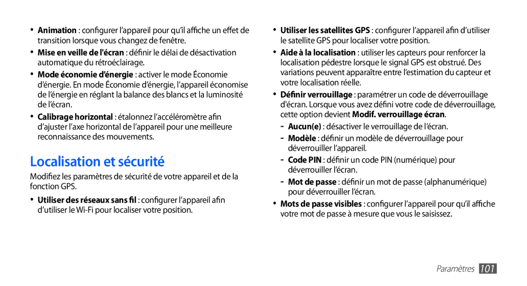 Samsung YP-G70CW/XEF, YP-G70EW/XEF manual Localisation et sécurité 