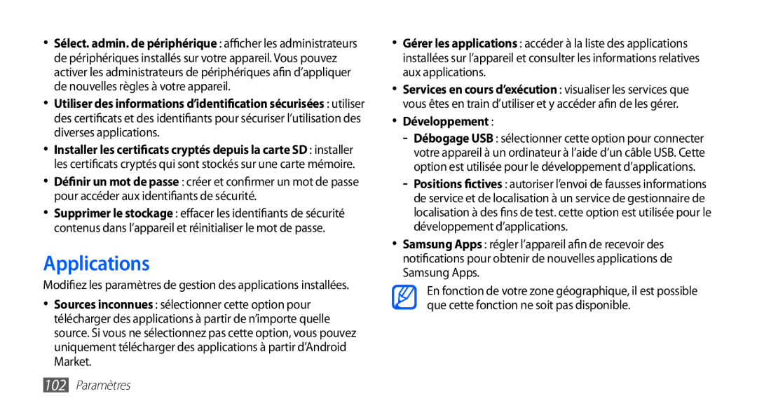 Samsung YP-G70EW/XEF, YP-G70CW/XEF manual Applications, Développement 