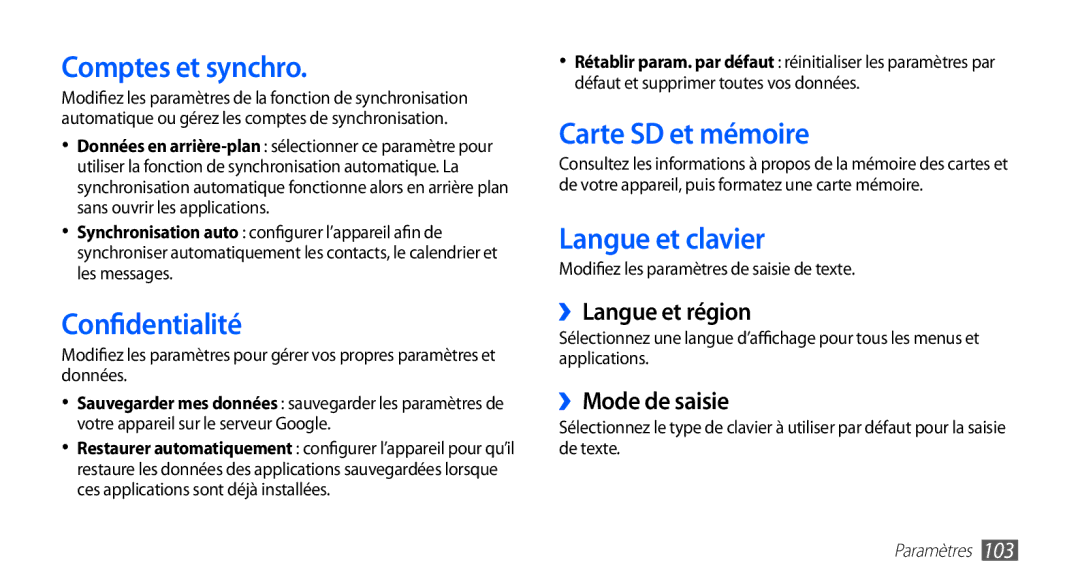 Samsung YP-G70CW/XEF, YP-G70EW/XEF manual Comptes et synchro, Confidentialité, Carte SD et mémoire, Langue et clavier 