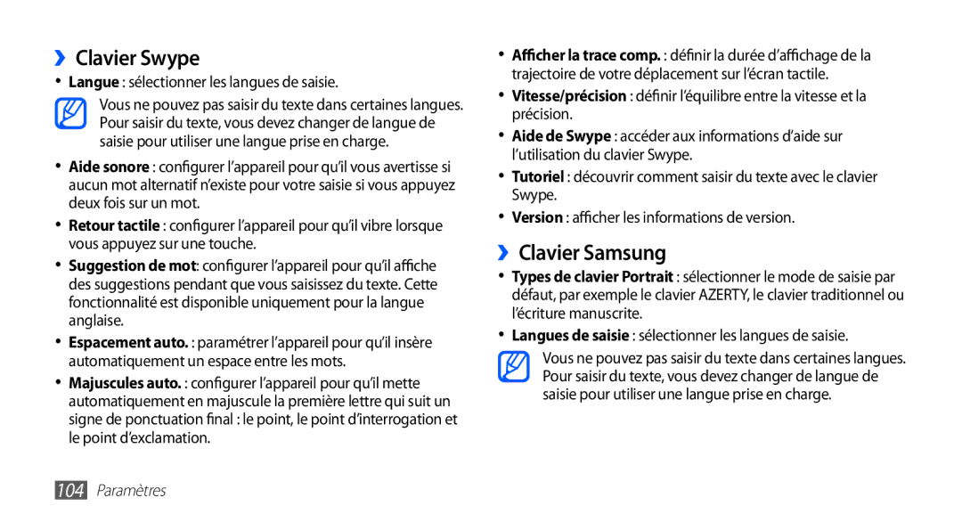 Samsung YP-G70EW/XEF, YP-G70CW/XEF manual ››Clavier Swype, ››Clavier Samsung, Langue sélectionner les langues de saisie 