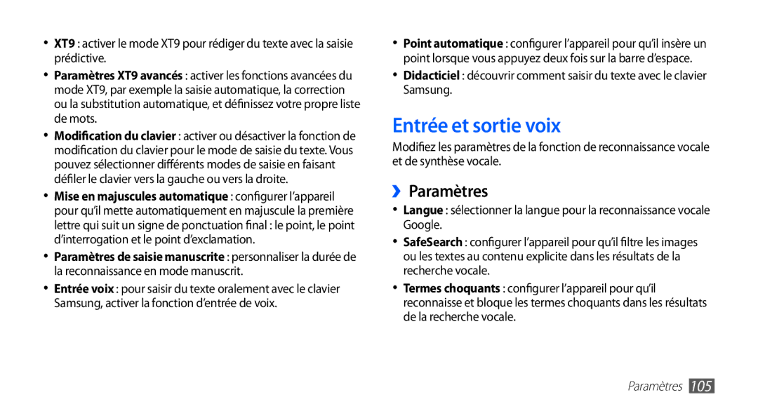 Samsung YP-G70CW/XEF, YP-G70EW/XEF manual Entrée et sortie voix, ››Paramètres 