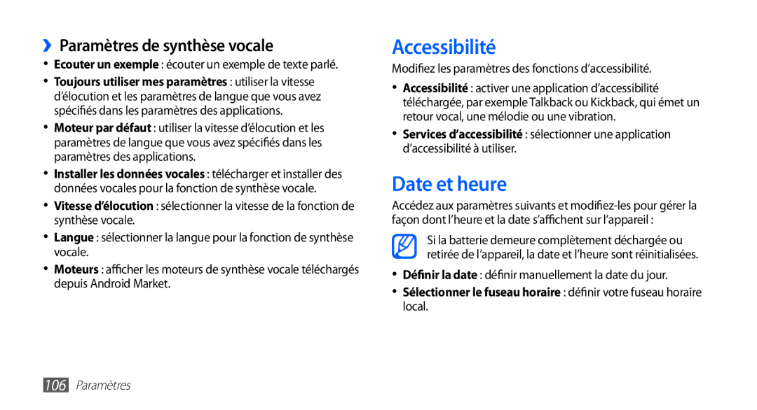 Samsung YP-G70EW/XEF, YP-G70CW/XEF manual Accessibilité, Date et heure, ››Paramètres de synthèse vocale 