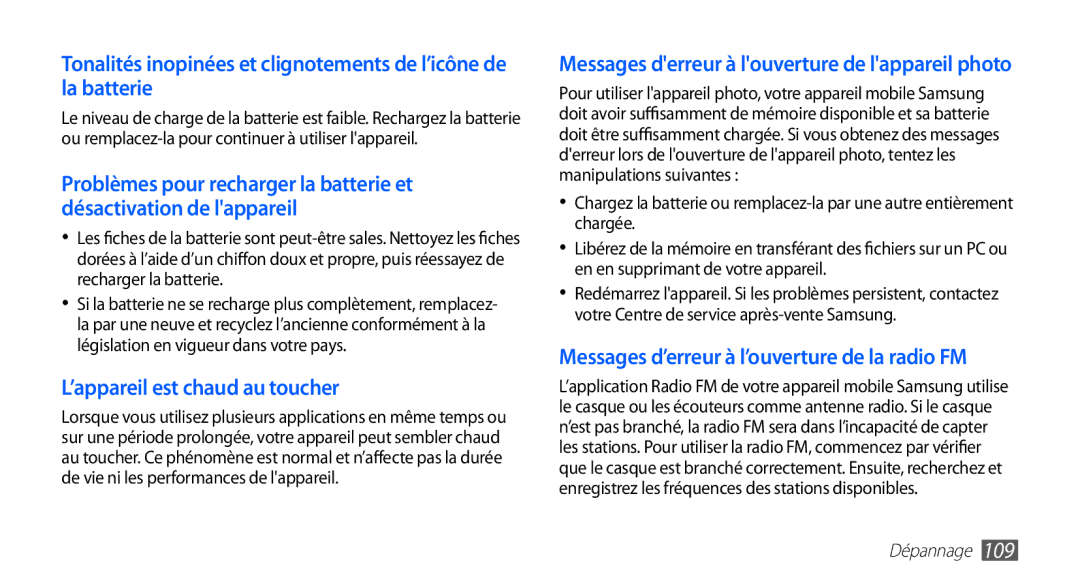 Samsung YP-G70CW/XEF, YP-G70EW/XEF manual ’appareil est chaud au toucher, Dépannage 