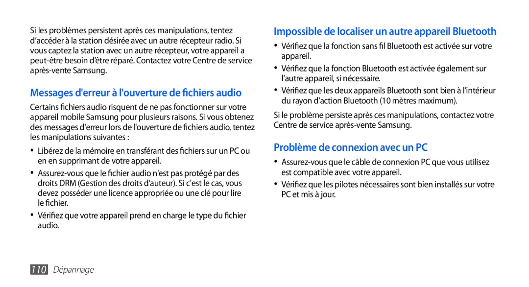 Samsung YP-G70EW/XEF, YP-G70CW/XEF manual Messages derreur à louverture de fichiers audio, 110 Dépannage 