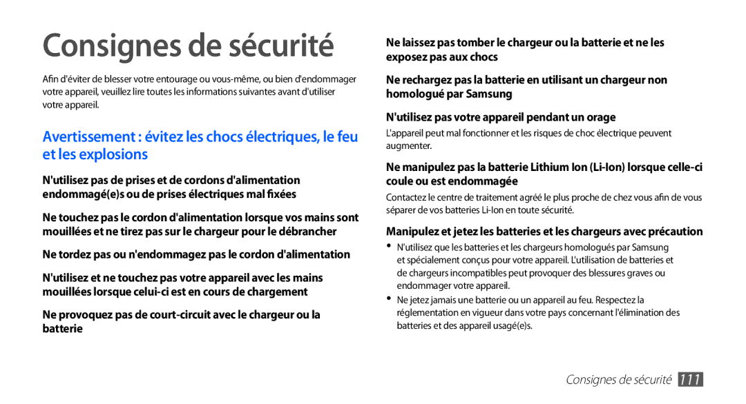 Samsung YP-G70CW/XEF, YP-G70EW/XEF manual Consignes de sécurité 