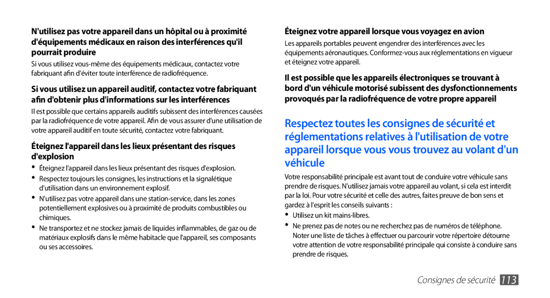 Samsung YP-G70CW/XEF, YP-G70EW/XEF manual Éteignez votre appareil lorsque vous voyagez en avion 