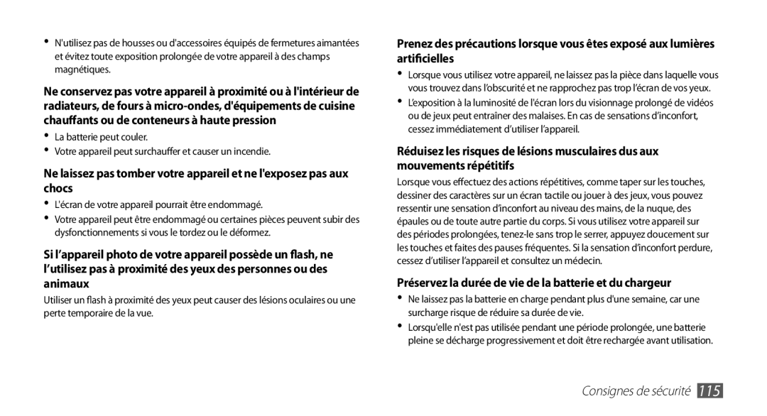 Samsung YP-G70CW/XEF, YP-G70EW/XEF manual Préservez la durée de vie de la batterie et du chargeur 