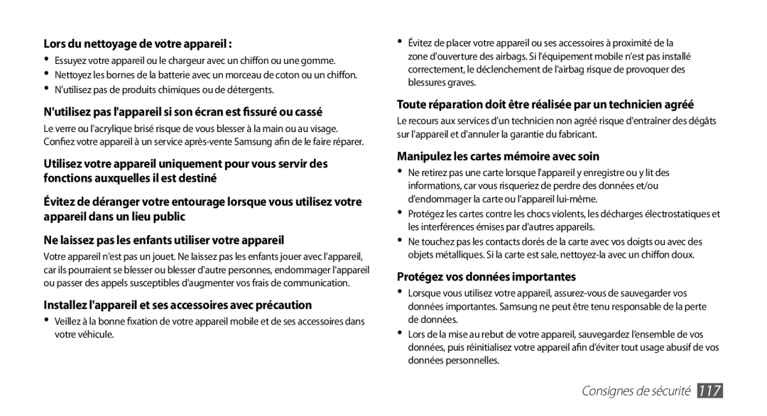 Samsung YP-G70CW/XEF manual Lors du nettoyage de votre appareil, Installez lappareil et ses accessoires avec précaution 