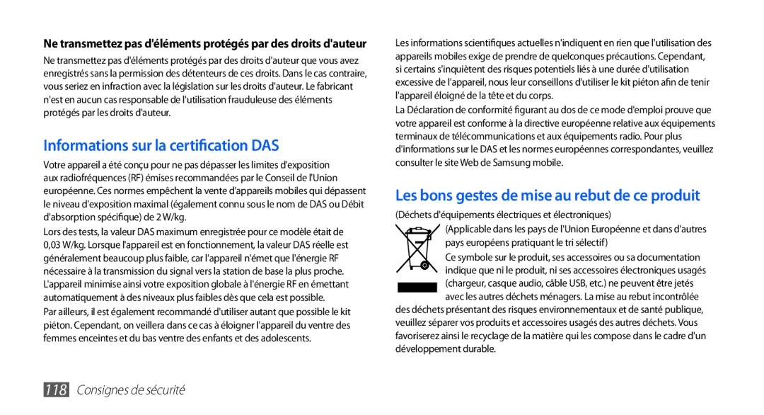 Samsung YP-G70EW/XEF, YP-G70CW/XEF manual Informations sur la certification DAS 