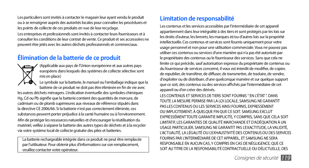 Samsung YP-G70CW/XEF, YP-G70EW/XEF manual Élimination de la batterie de ce produit 