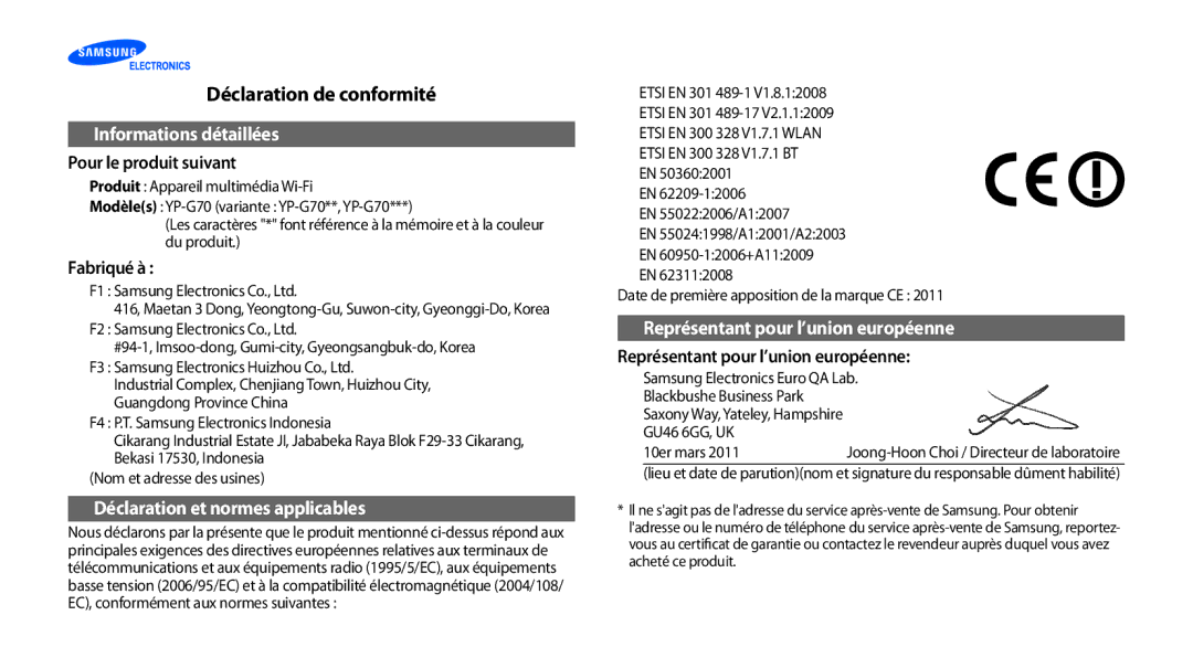 Samsung YP-G70CW/XEF, YP-G70EW/XEF manual Déclaration de conformité, Informations détaillées 