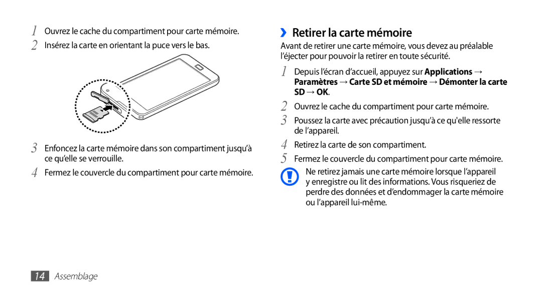 Samsung YP-G70EW/XEF manual ››Retirer la carte mémoire, Sd → Ok, De l’appareil, Retirez la carte de son compartiment 