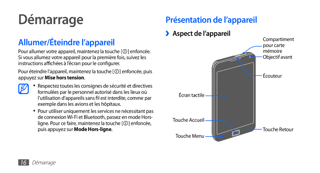 Samsung YP-G70EW/XEF manual Démarrage, Allumer/Éteindre l’appareil, Présentation de l’appareil, ››Aspect de l’appareil 