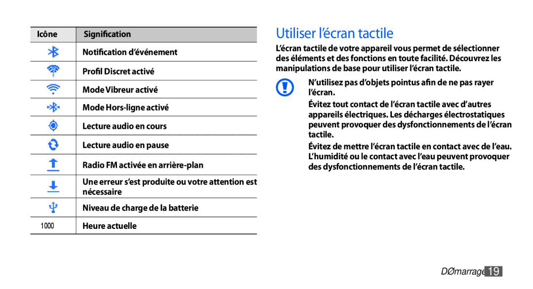 Samsung YP-G70CW/XEF, YP-G70EW/XEF Utiliser l’écran tactile, Nécessaire, Niveau de charge de la batterie, Heure actuelle 