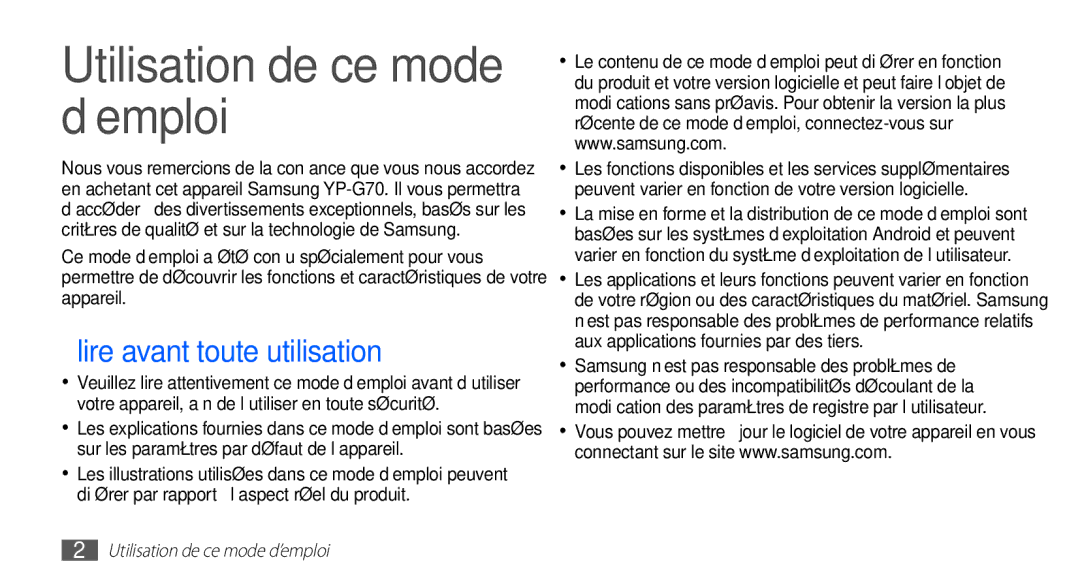 Samsung YP-G70EW/XEF, YP-G70CW/XEF manual Utilisation de ce mode d’emploi, Lire avant toute utilisation 