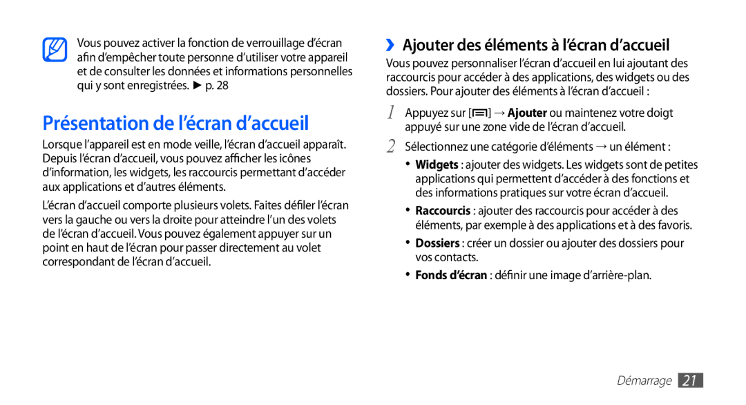 Samsung YP-G70CW/XEF, YP-G70EW/XEF manual Présentation de l’écran d’accueil, ››Ajouter des éléments à l’écran d’accueil 