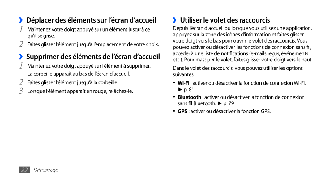 Samsung YP-G70EW/XEF manual ››Utiliser le volet des raccourcis, Faites glisser l’élément jusqu’à la corbeille, 22 Démarrage 