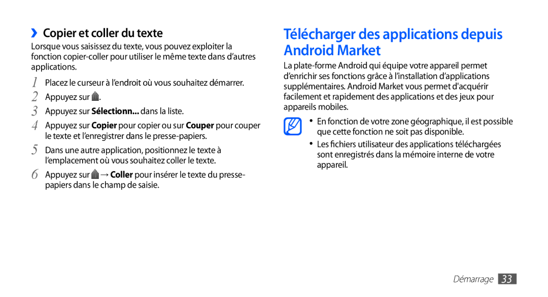 Samsung YP-G70CW/XEF, YP-G70EW/XEF manual Télécharger des applications depuis Android Market, ››Copier et coller du texte 